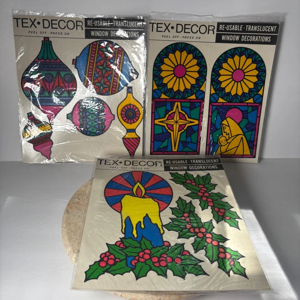 Tex-Decor Vintage Christmas Window Decorations 3 Pack Stained Glass Clings